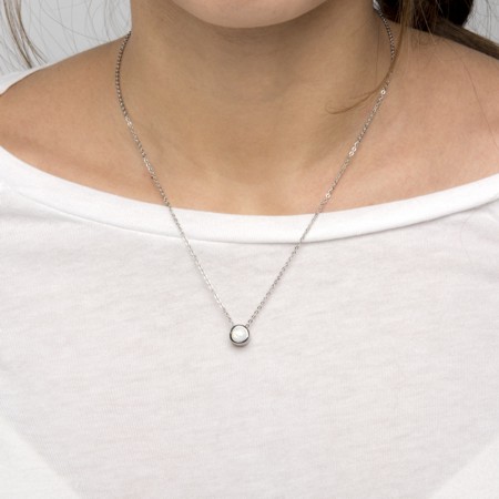 White Opal in Stainless Steel Bezel-set Necklace - Click Image to Close